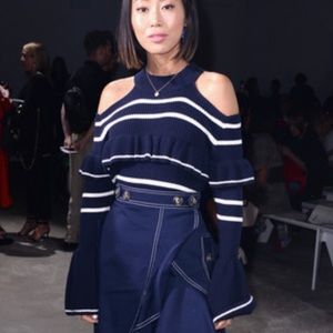 SELF-PORTRAIT Cold Shoulder Frill Stripe Knit